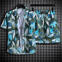 夏威夷海边沙滩度假套装男宽松大码情侣潮牌短袖花衬衣休闲两件套