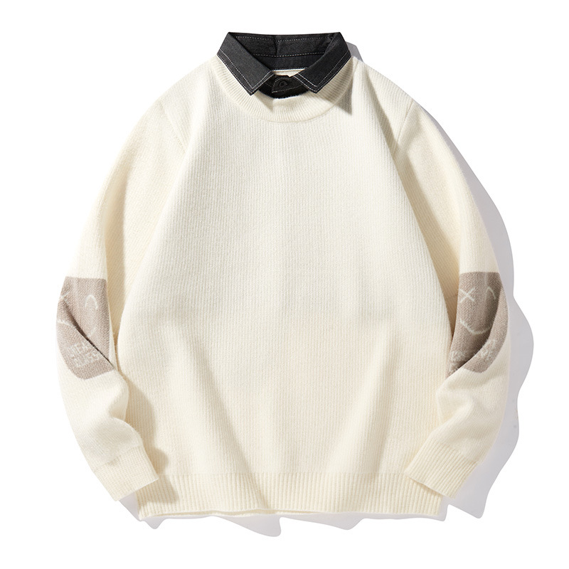 Men's Layered-Look Knit Sweater With Shirt Collar - Warm Long Sleeve Pullover For Autumn/Winter (Black/Beige/Khaki, M-Xxl)_voghion.com
