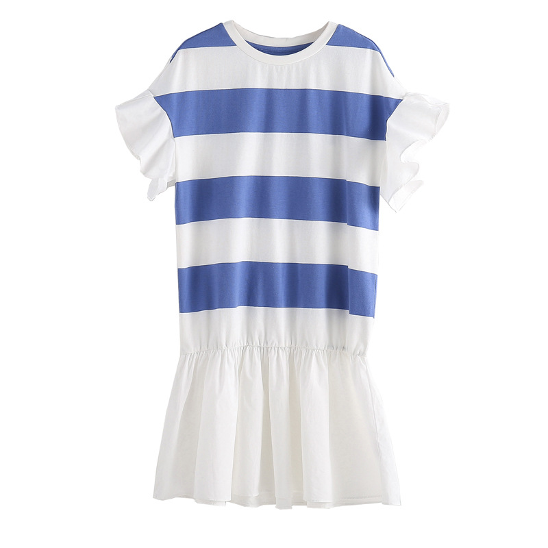 Vestido de las niñas de verano nuevo algodón puro de manga corta a rayas simple elegante vestido casual para niños vestido de princesa con volantes