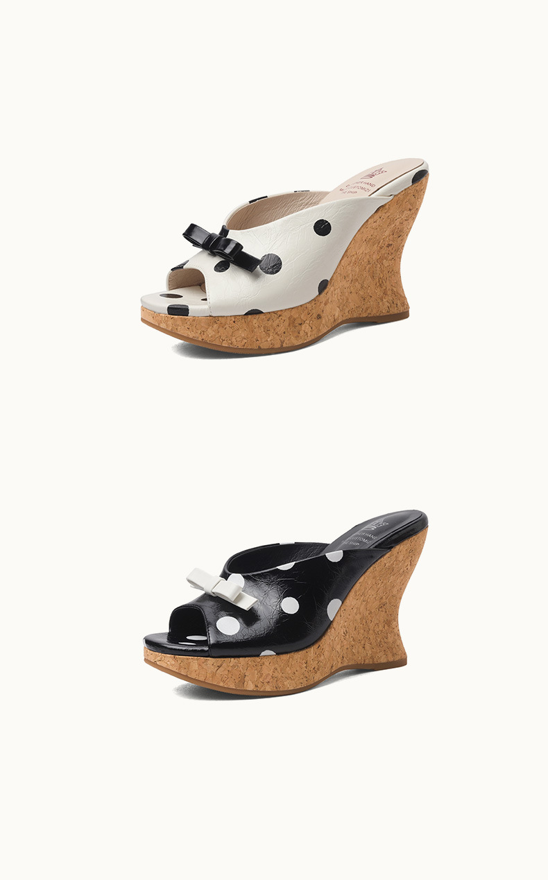 Sandal hở mũi nữ gót xuồng cao 9 cm, quai ngang đính nơ bướm chấm bi, đế dày — màu đen, màu trắng ngà chi tiết 9