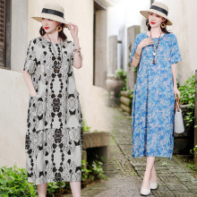 大码女装夏季新款中国风花朵印花复古文艺外贸连衣裙胖MM裙子