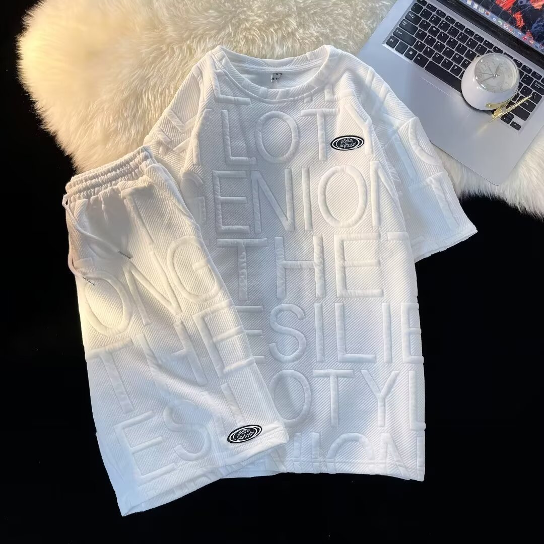 Koreanischer Waffelpiqué-Freizeitanzug für Herren: Kurzarm-T-Shirt und Fünf-Punkt-Hose – Trendig, vielseitig, einfarbig, Sommer-Neuheit_voghion.com