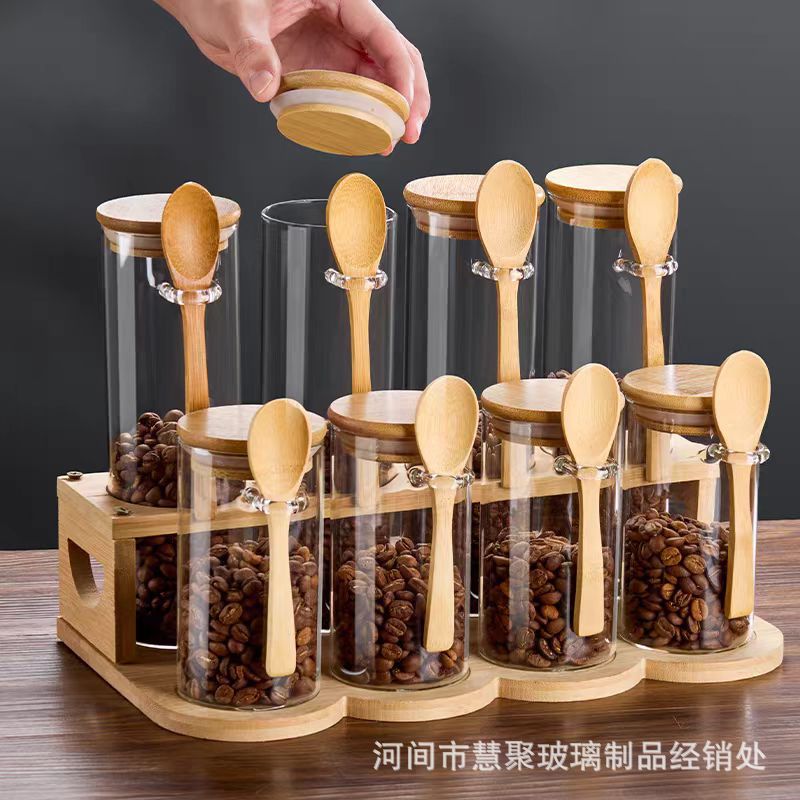 Tarro de vidrio redondo sellado Tarro de almacenamiento de granos de café doméstico con cuchara de madera botella de condimento conjunto de tanque de almacenamiento de alimentos de cocina