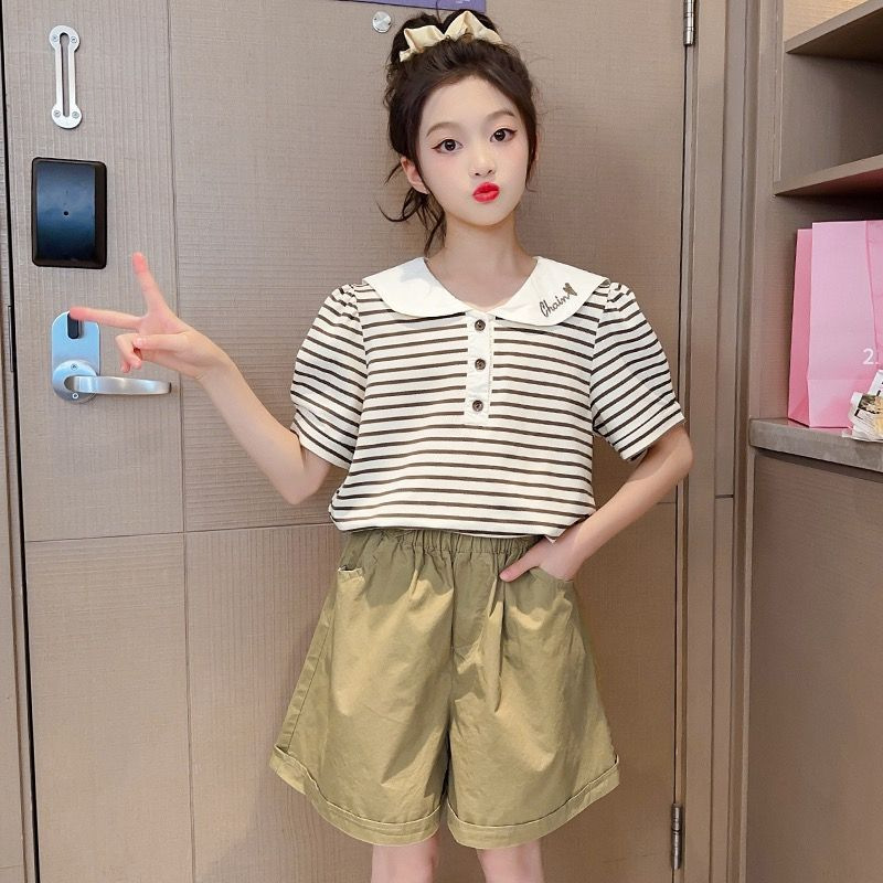 Traje de verano para niñas 2025 nuevo estilo coreano vestido de verano para niñas de estilo occidental traje casual de dos piezas de manga corta a rayas para niños grandes