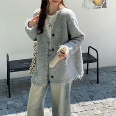 流苏边设计感复古纯色针织开衫女秋冬长袖宽松别致韩版毛衣外套潮