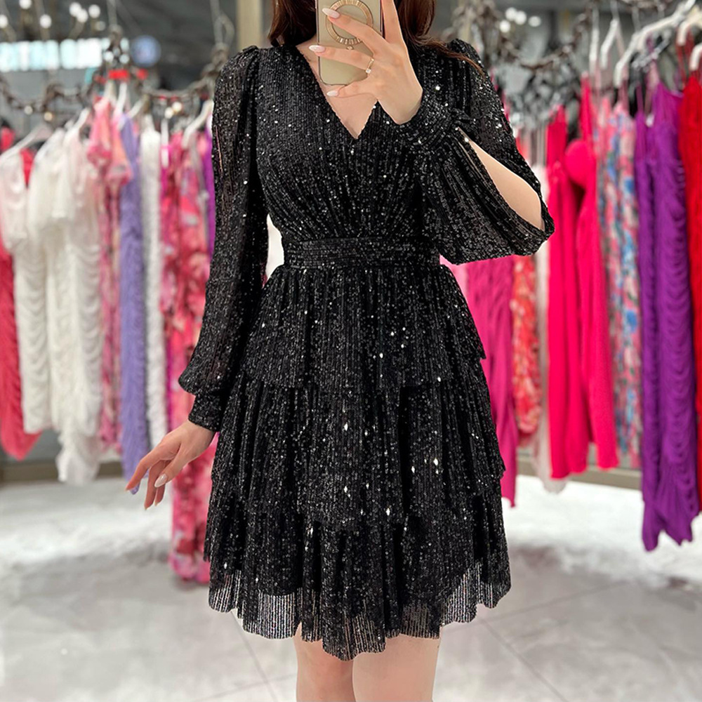 Sequins Design Streetwear Style Wholesale Women's Streetwear Sequins Glittery Solid Color Holiday Daily V Neck Long Sleeve Sequin Dress