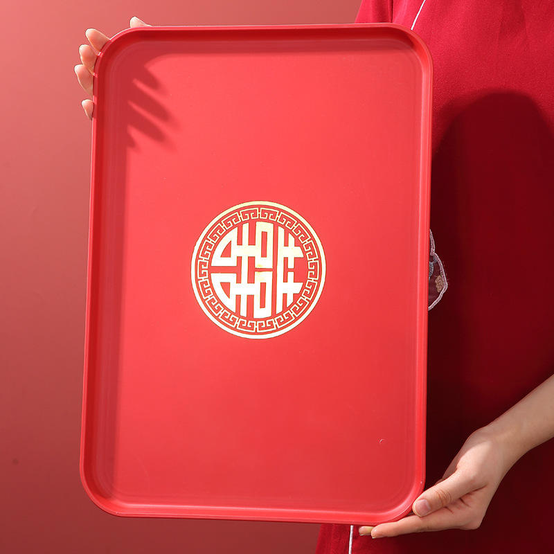 Chinese Red Festive Engagement Gift Tray, Wedding Red Tray, Household Living Room Festive Tea Tray, Hand-Held Tray Chinese Red Festive Engagement Gift Tray, Wedding Red Tray, Household Living Room Festive Tea Tray, Hand-Held Tray