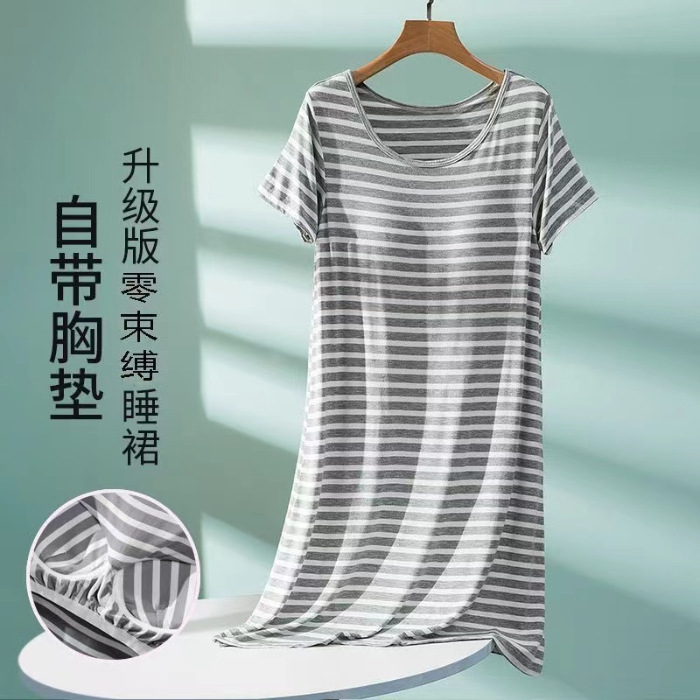 Pijamas de verano de mujeres rayas vestido de dormir con cojín de pecho de algodón lindo simple dulce vestido de casa de estudiantes de la falda media puede ser el cabello