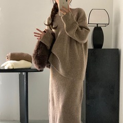 慵懒风宽松圆领毛衣半身裙套装女秋冬季软糯百搭针织衫两件套