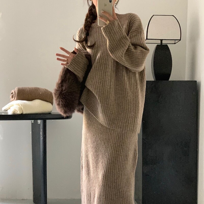 慵懒风宽松圆领毛衣半身裙套装女秋冬季软糯百搭针织衫两件套|undefined