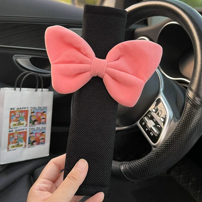 Seat belt shoulder pad Cute Bow Seat Belt, Anti-Stranglehold - pink-bow-black-ice-silk-shoulder-pads-1-pack