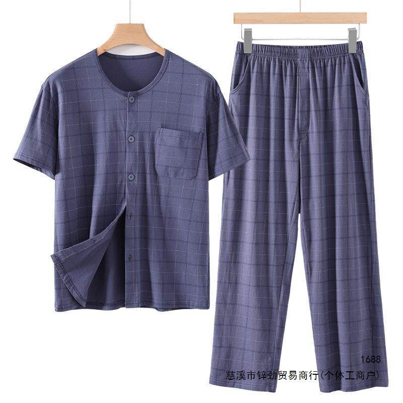 Men's short-sleeved cardigan, pure cotton, open-front, half-sleeved, loose-fitting casual loungewear, air-conditioned shirt for middle-aged and elderly men.