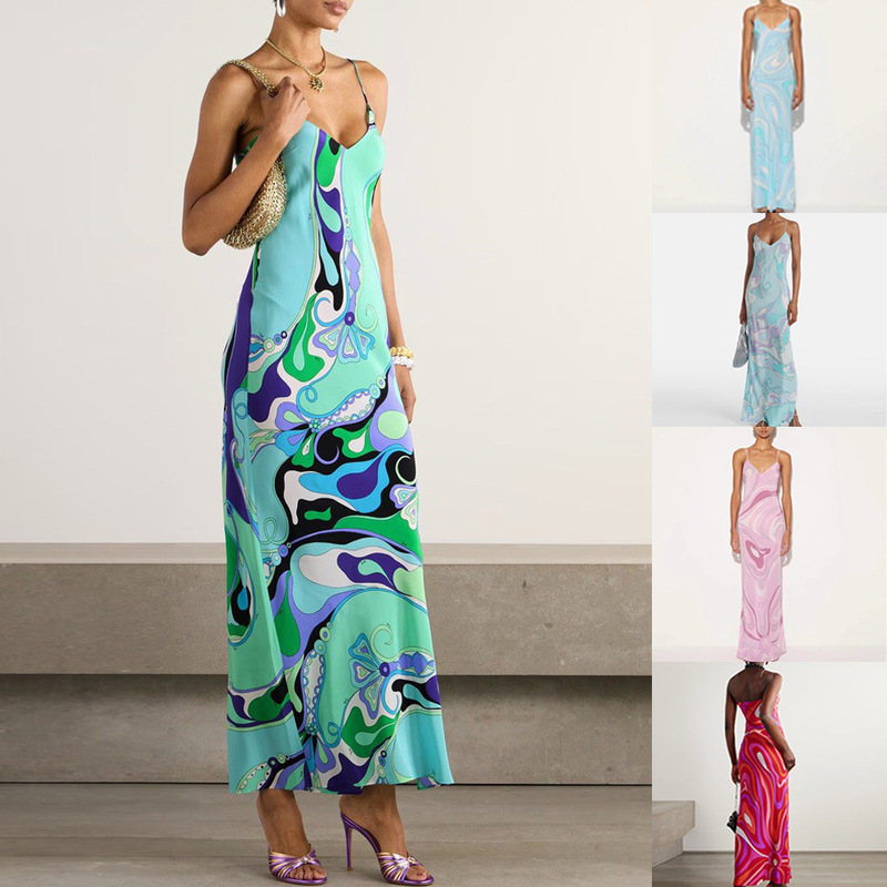 Amazon Cross-Border European and American 2025 Summer Fashion Women's Printed Sexy V-Neck Slit Strap Dress Hot Girl