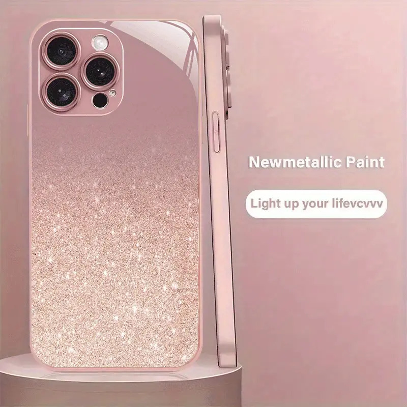 渐变闪粉苹果15promax金属漆玻璃手机壳iphone17高端时尚女款13硬