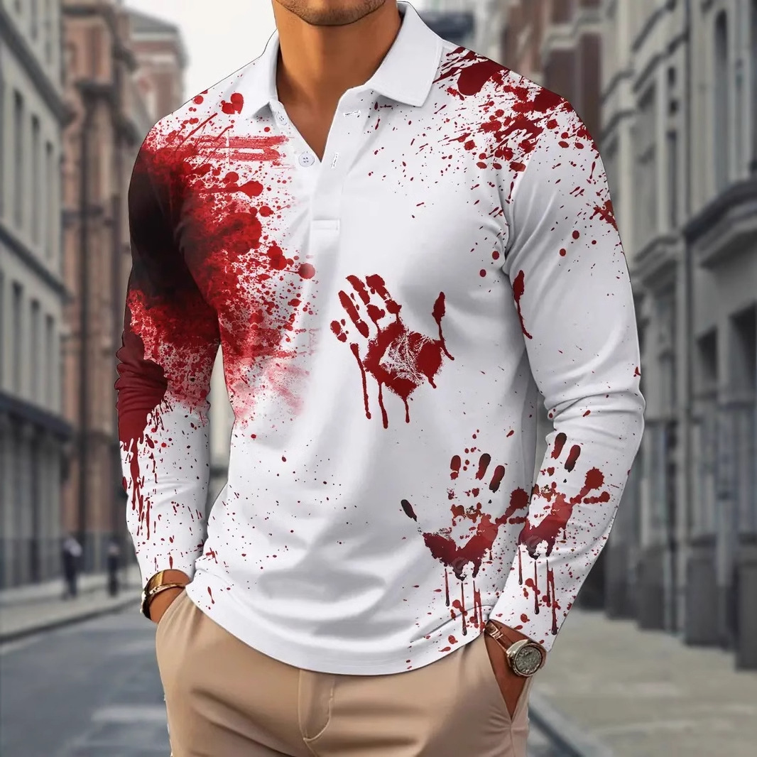 Divertido y divertido estampado de palma manchado de sangre impresión 3D personalidad de la calle de los hombres camisa POLO de manga larga transpirable de malla suelta