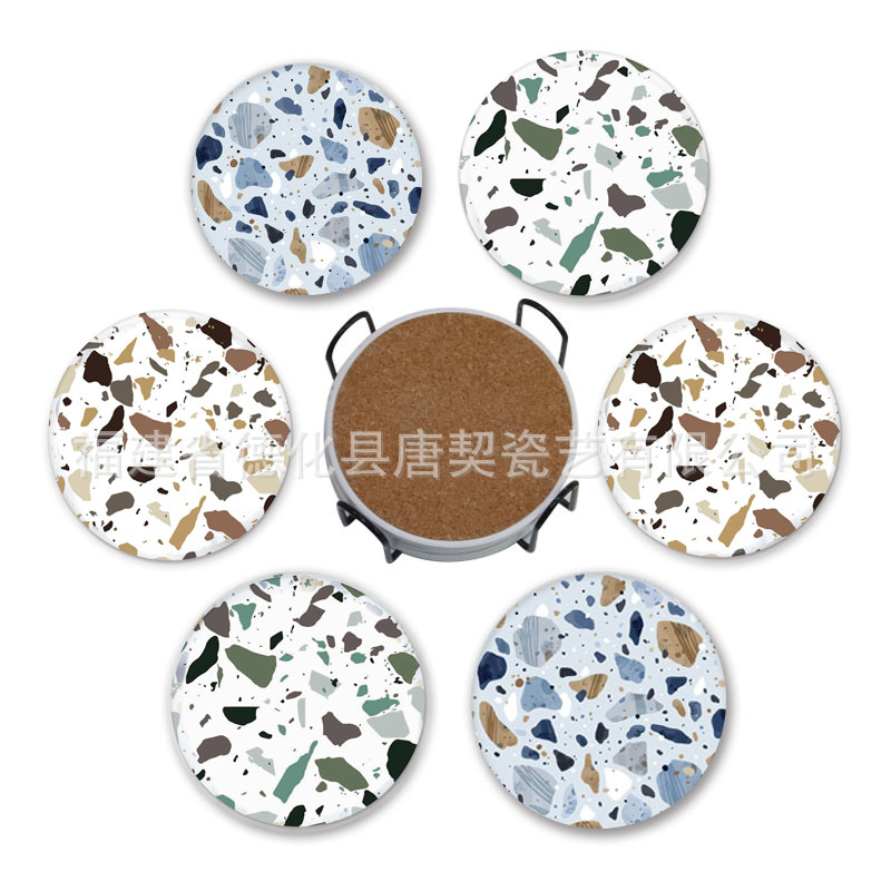 跨境厂家批发水磨石圆形陶瓷软木隔热垫 家用餐垫创意杯垫 可LOGO