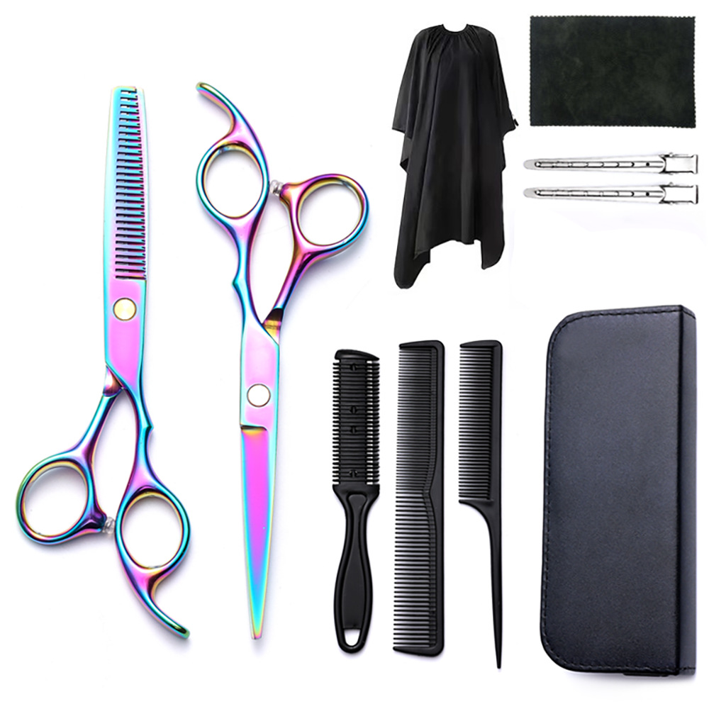 Corte de pelo tijeras transfronterizas amazonas color tijeras de dientes planas cortadas delgadas frange tijeras divisorias fábrica de tijeras al por mayor set de tijeras de peluquería