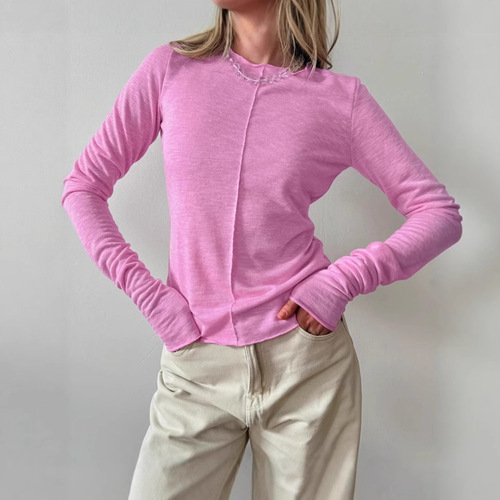 2025 autumn and winter European and American round-neck knitted bottomed shirt for women's simple fashionable splicing with white long-sleeved top for women's wear