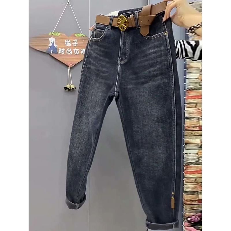 高腰加绒牛仔老爹裤女设计感宽松显瘦弹力哈伦裤秋冬新款萝卜裤潮|undefined