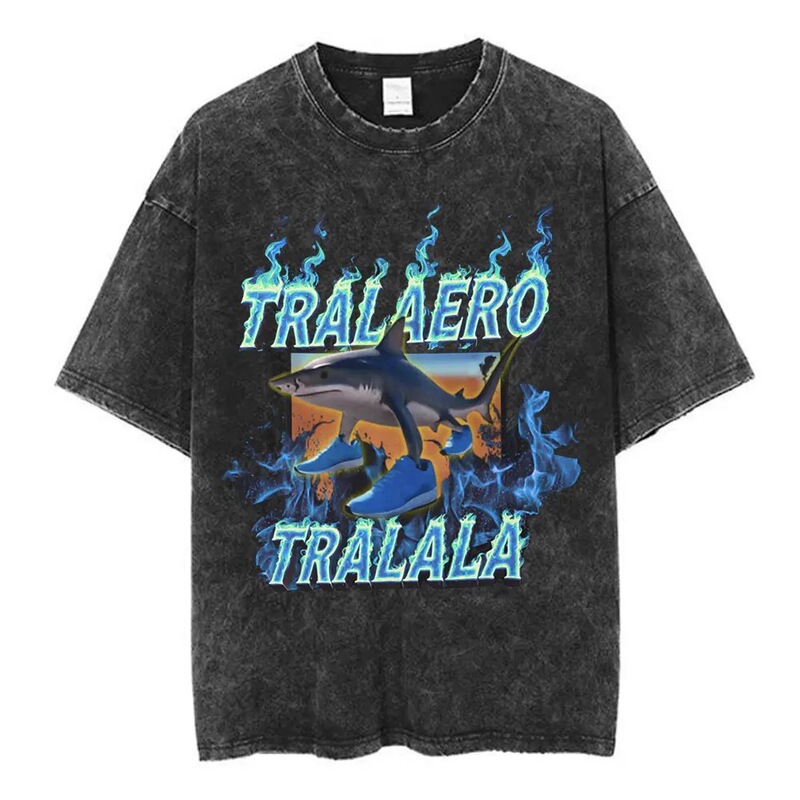Tralalero Tralala Bombardiro Crocodile Funny Shark Meme Washed T-Shirt Men's and Women's Set