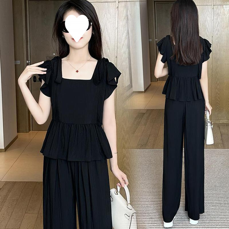 2026 Summer New Fashion Square-Neck Sports Suit, Slimming and Age-Reducing, Stylish Wide-Leg Pants Two-Piece Set