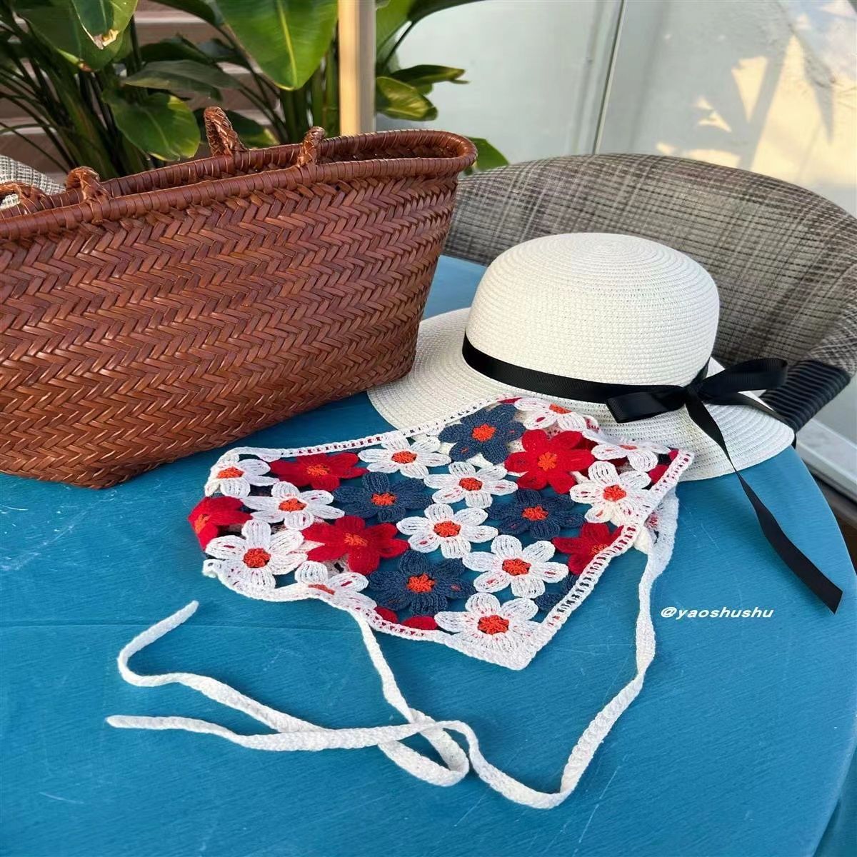 [Liquidación de precio de fábrica] Versión coreana de la bufanda triangular hueca de crochet de punto femenino dulce y lindo sombrero de pañuelo de flores de estilo femenino