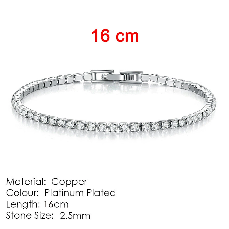 Браслет tennis Chengyuan Jewelry, циркон 2,5 мм, медь с гальваническим покрытием, 14–19 см