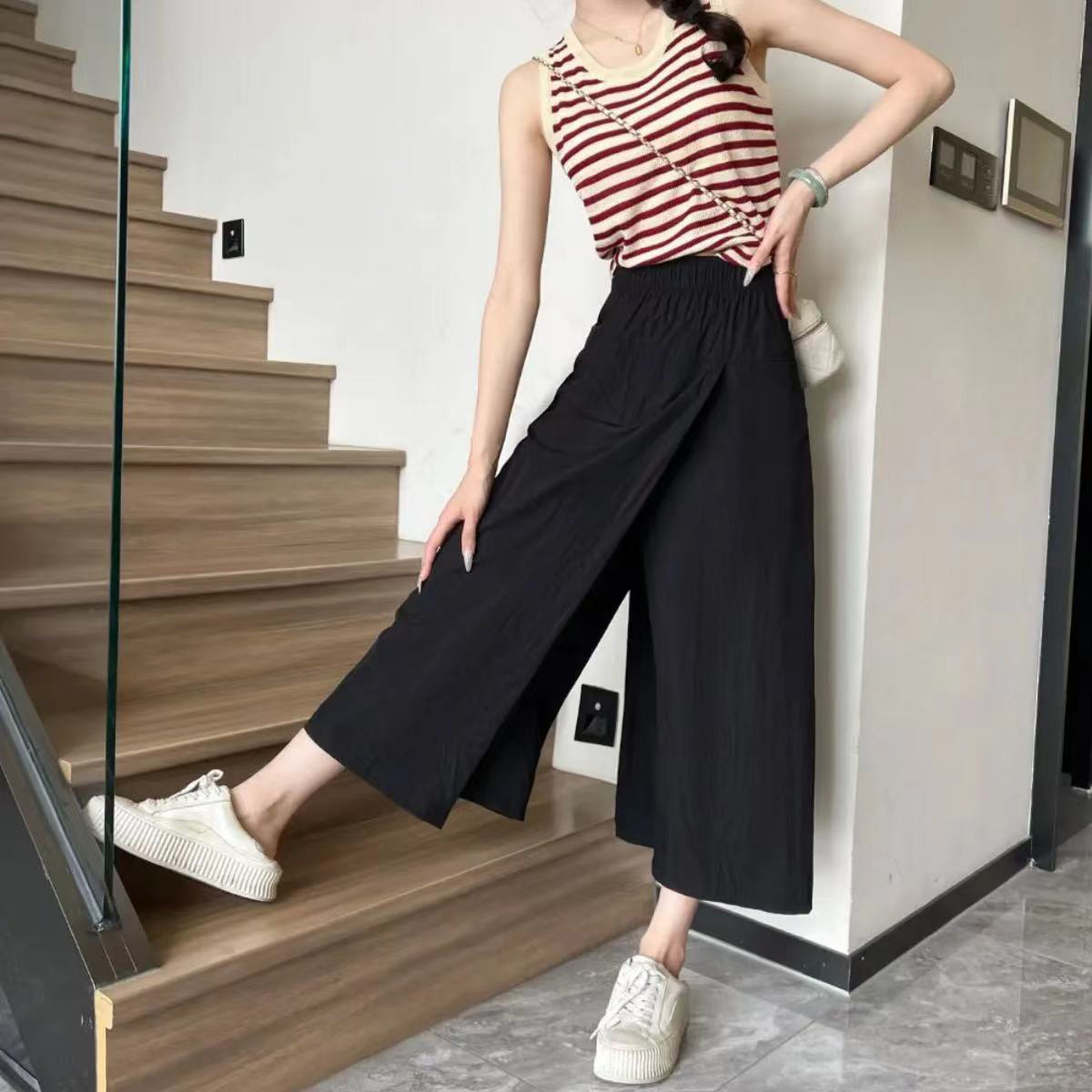 2024 여름과 가을 캐주얼 올 매치 느슨한 와이드 레그 팬츠 여성의 우아한 세련된 슬리밍 하이 허리 편안한 스트레이트 팬츠