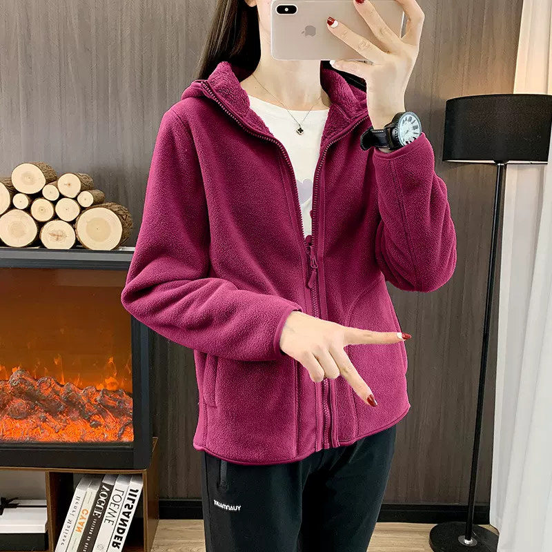 秋冬情侣珊瑚绒连帽抓绒衣摇粒绒外套女保暖加厚户外冲锋衣内胆男