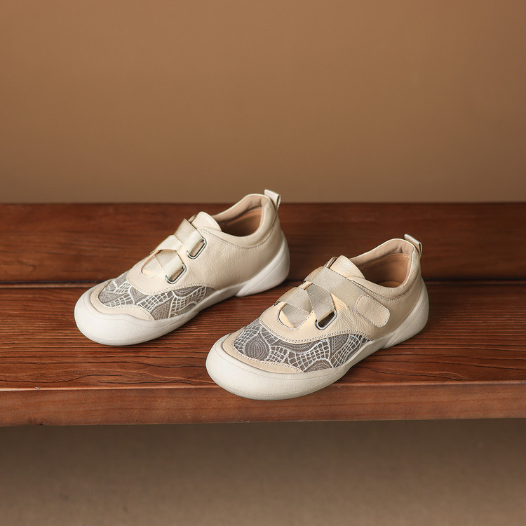 Giày sneaker nữ phối màu da thật lỗ thoáng khí đế bệt buộc dây kết hợp miếng dán — màu trắng ngà chi tiết 33