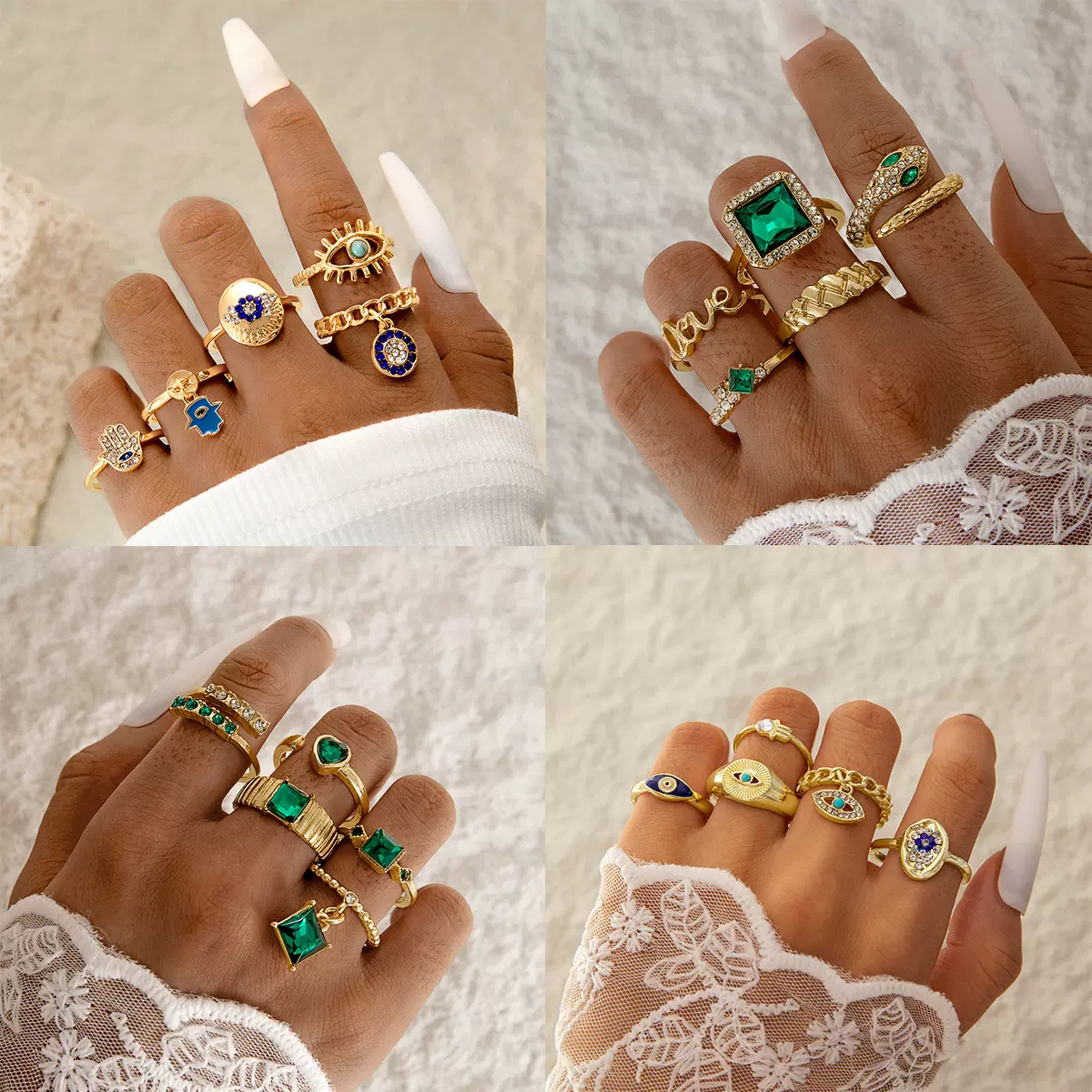 欧美跨境复古金属仿祖母绿镶钻戒指套装设计感爱心蛇形戒指套装女