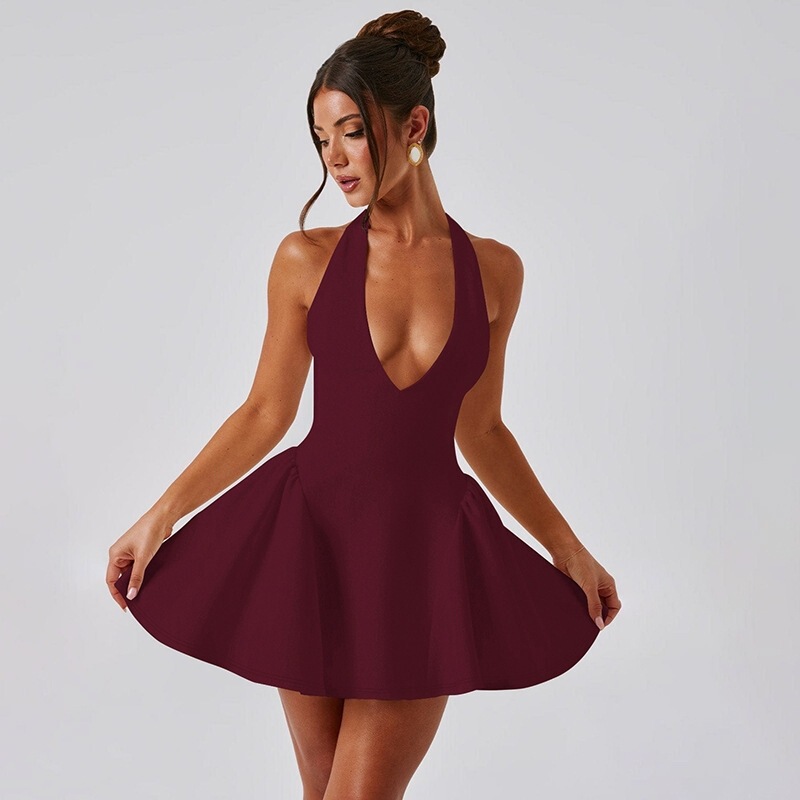 European and American Sexy Deep V Halterneck Dress New Sleeveless Waist Slimming Look Dress Women's Skirt Banquet Dress