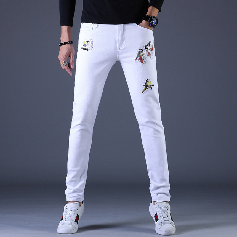 2024 White Trendy Brand Jeans Men's Stretch Embroidered Distinctive All-match Slim-fit Trendy Korean Style Trendy Pants 2024 White Trendy Brand Jeans Men's Stretch Embroidered Distinctive All-match Slim-fit Trendy Korean Style Trendy Pants