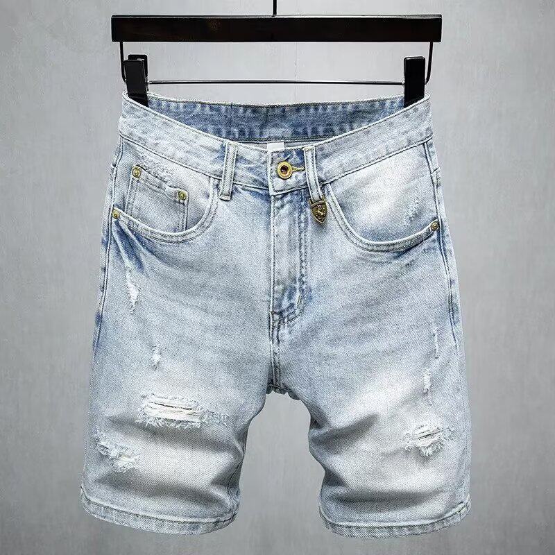 Men's Ripped Denim Shorts Light Blue Cropped Mid-Length New Summer Fashion_mkmklike.com