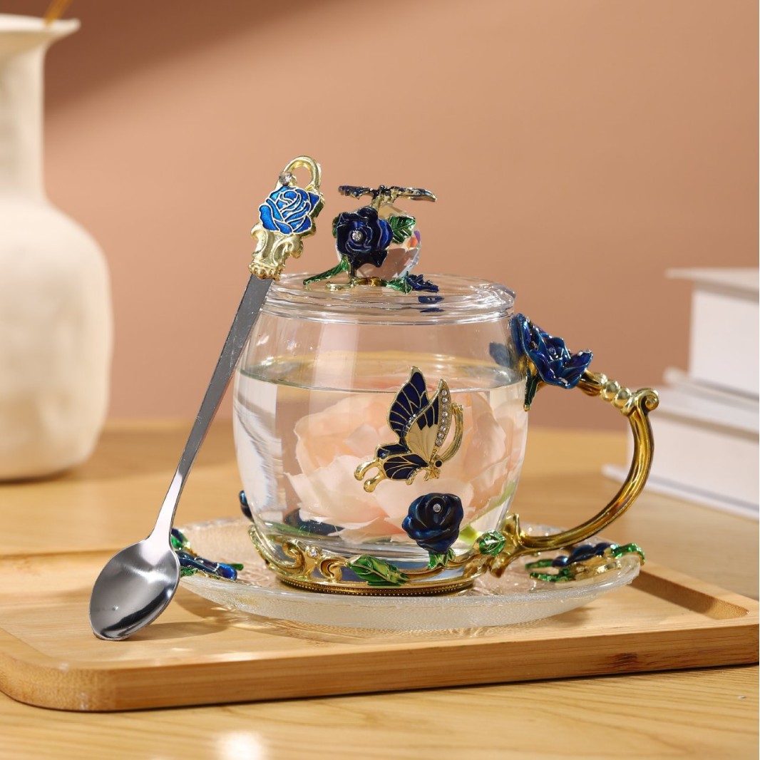 Taza de té con cubierta de flores creativa sala de estar taza de agua de desayuno de lujo taza de leche de esmalte de color taza de café de mujer taza de vidrio casero