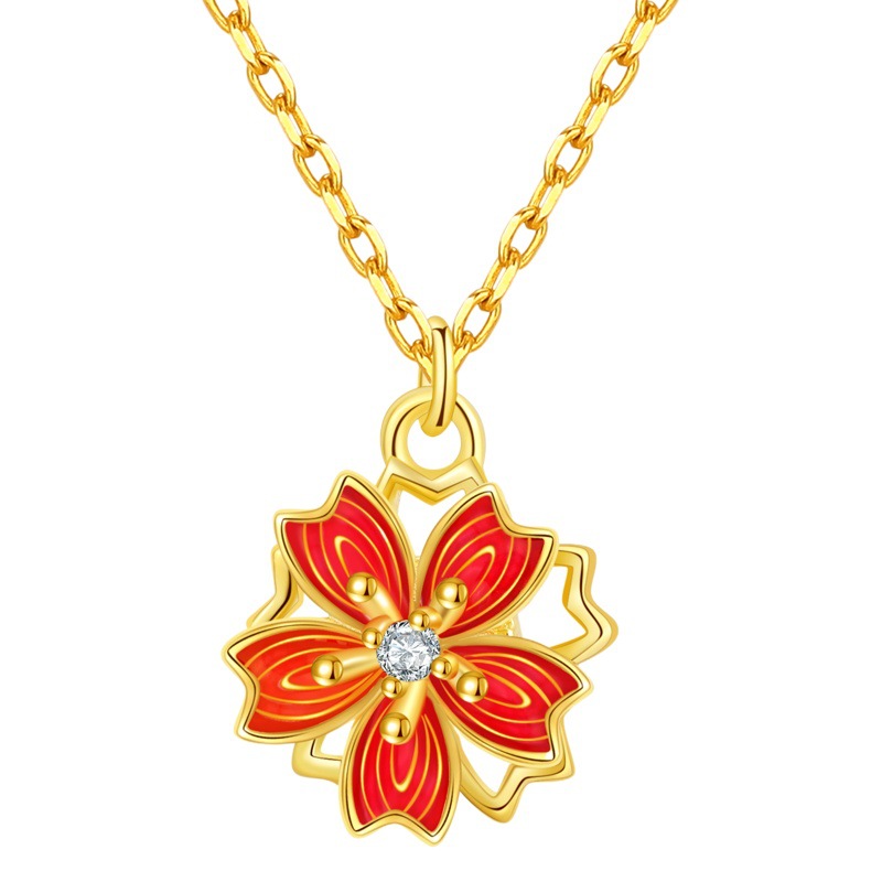 Collar de flor de melocotón estilo chino minimalista para mujer, plata S925, baño de oro rosa, diseño giratorio coreano