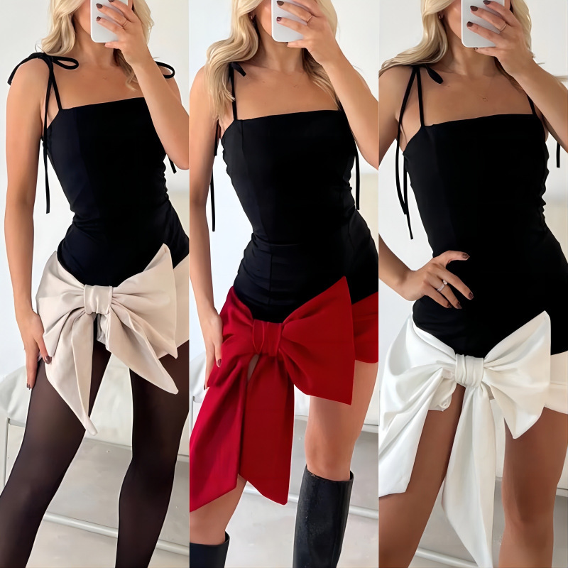 Cross-Border European and American Spring New Valentine's Day Suspender Slim Sexy Bow Dress Party Dress for Women