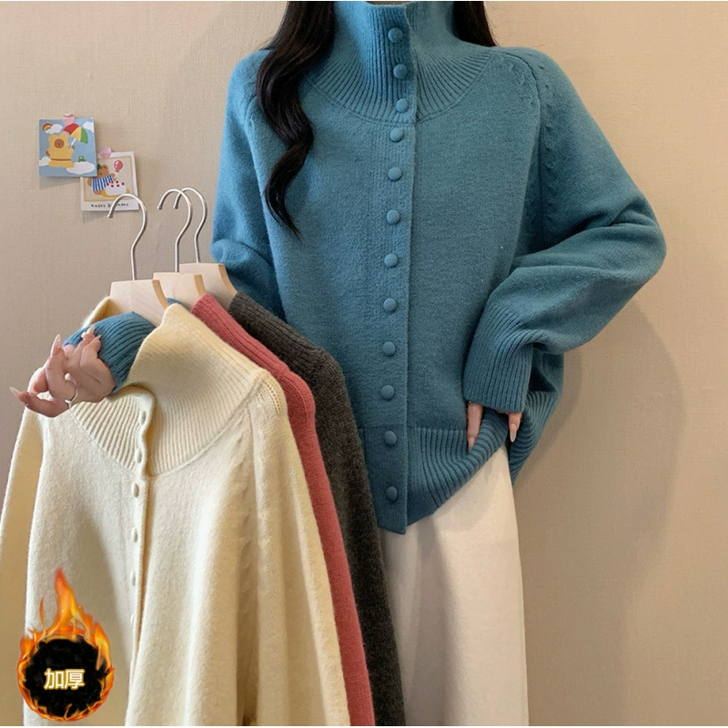 2024 большой размер женская осень-зима новый ленивый ветер трикотаж с высоким вырезом толстый теплый свитер