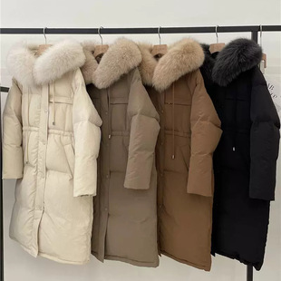 25 Winter Long Hooded Goose down Jacket Fox Fur Collar Thickened Warm Waist Jacket Brand Women's Wholesale