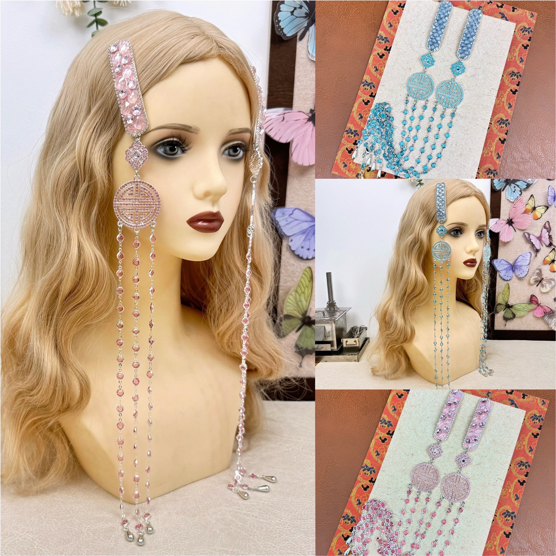 Sapphire Blue ~ Healing Sparkling Diamond Pearl Ethnic Style Forehead Tassel Edge Clip Female Stylish Hairpin Hair Accessories