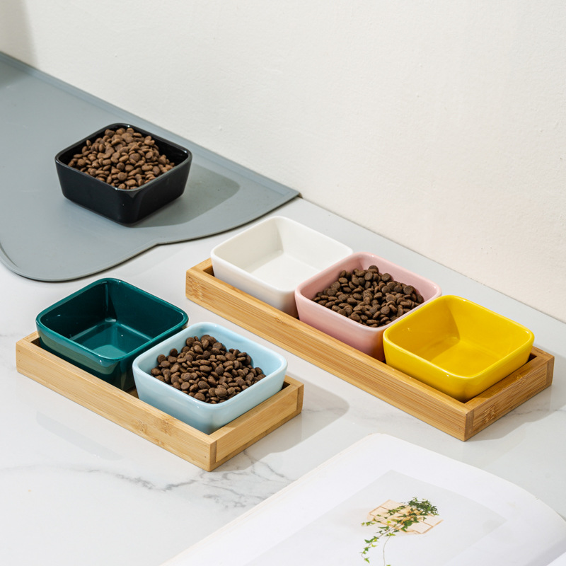 Tazón de mascotas de cerámica de hámster, tazón para gatos, tazón para perros, bandeja de madera, tazón para perros, protector de cuello, tazón para alimentos para gatos, anti-derribado