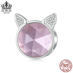 艾芙樂跨境s925純銀鍍白金粉色貓咪diy手鍊串珠散珠飾品珠子