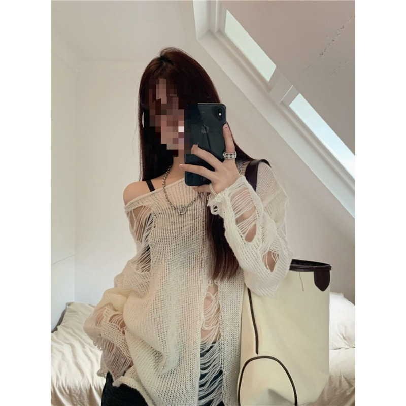 Plus-Size Women's Autumn Long-Sleeve Korean-Style Loose Versatile Rolled-Edge Ripped Knit Pullover Trendy Hollow-Out Top Plus-Size Women's Autumn Long-Sleeve Korean-Style Loose Versatile Rolled-Edge Ripped Knit Pullover Trendy Hollow-Out Top