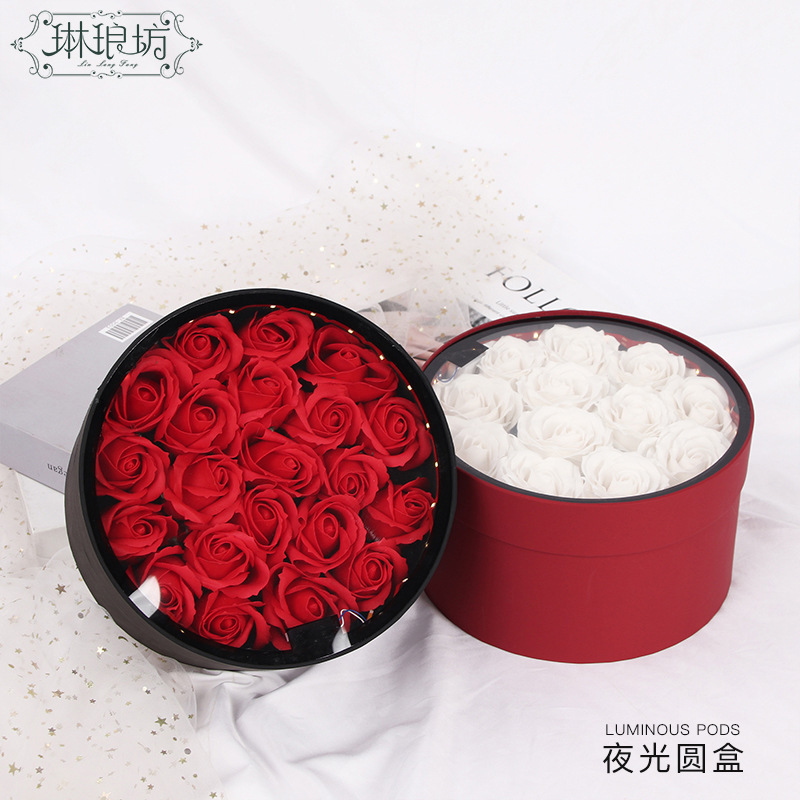 Día de San Valentín chino luminoso caja redonda ventana caja de flores transparente con ramo de luz Rose caja LED luz vacía caja de regalo