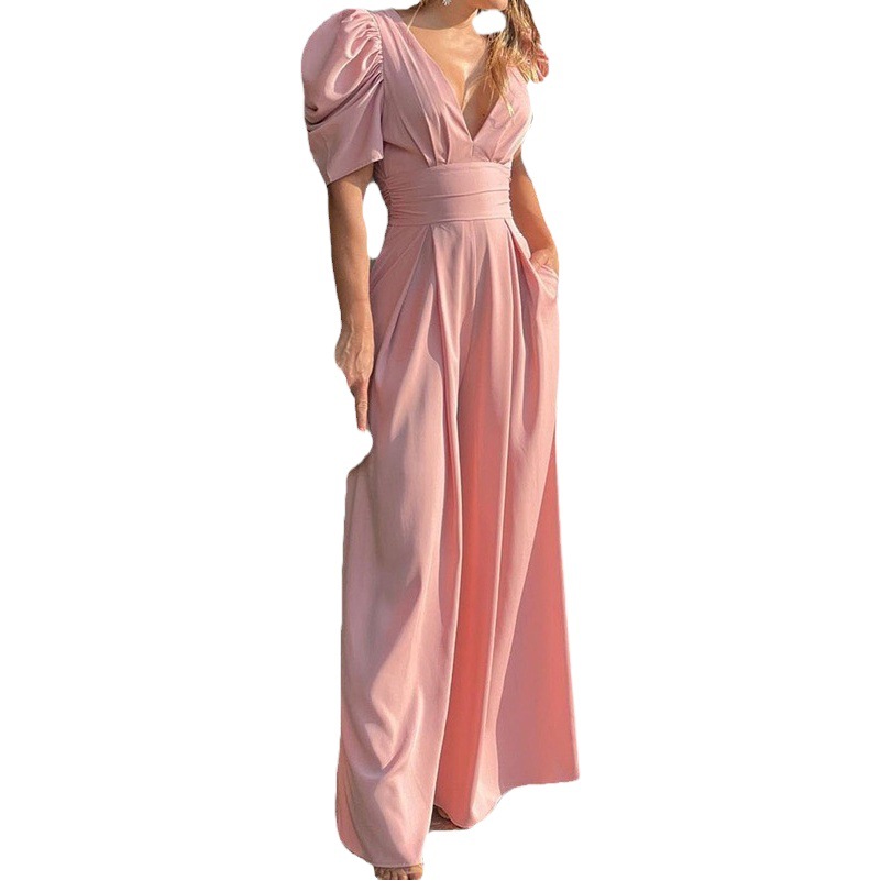 Mono de mujer de verano 2026, nuevo estilo, para comercio transfronterizo europeo y americano, elegante y a la moda, de color liso, ajustado, de manga corta y pierna ancha.