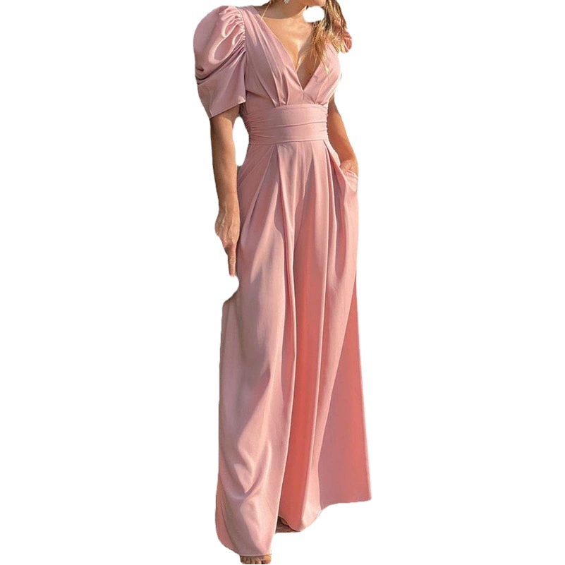 Новинка 2026 года: Весенний женский комбинезон в европейском и американском стиле, элегантный, однотонный, приталенный, с коротким рукавом и широкими штанинами