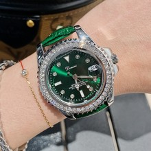 蒂米妮新款绿色皮表带镶钻女士手表女气质潮流时尚小绿表带日历