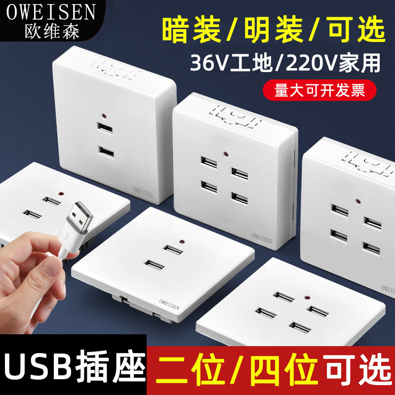 Type 86 USB socket panel open and concealed two-hole four-hole USB charging socket 220V low voltage 36V to 5V Type 86 USB socket panel open and concealed two-hole four-hole USB charging socket 220V low voltage 36V to 5V