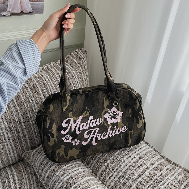 Camouflage Canvas Large Shopping Bag Korean Retro Fashionable Canvas Shoulder Bag Cross-Border Relaxed Cloth Bag Tote Bag