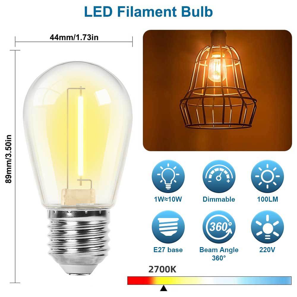Lámpara led de plástico S14 Lámpara de filamento Edison 2700K Cálido E27 Impermeable y de ahorro de energía ST45 Lámpara de cadena de espuma
